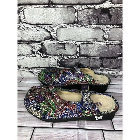 Alegria Fre-387 Rainbow Color Mosaic Leather Strap Clogs Shoes Women 35EU/5M US - Picture 1 of 16